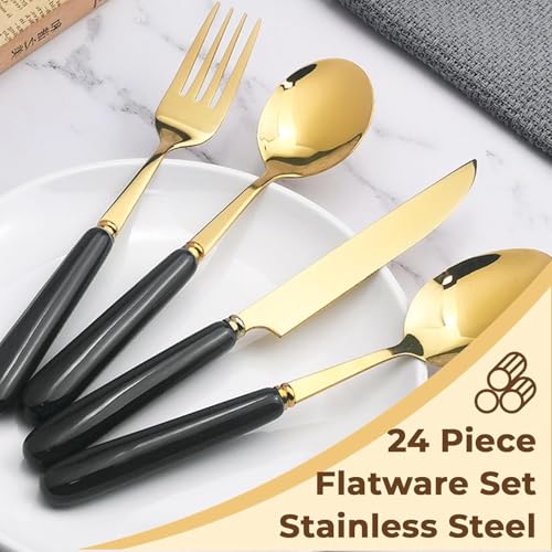 Image of Artek Stainless Steel Spoons, Forks & Knives Set of 24 with Stand and Ceramic Handle Golden Cutlery Set (Black)