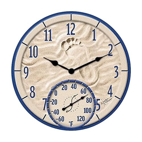 Taylor By The Sea Poly Resin Indoor and Outdoor Clock and Thermometer, Decorative and Easy to Read Large Numbers for Kitchen, Bathroom, Living Room and Indoor Areas, 14-inch, Multi-Color