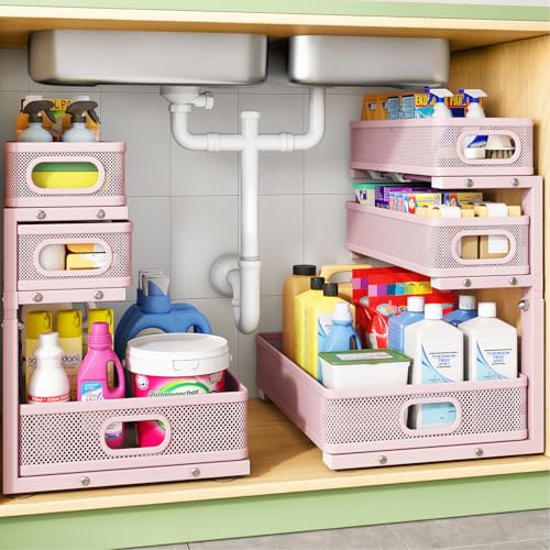 Image of Kitstorack Under Sink Organizer, 2-Pack 3-Tier Height Adjustable Thickened Metal Pull out Cabinet Organizer Shelf, Slide out Storage Drawer Rack for Bathroom Kitchen Pantry Home Organization, Pink