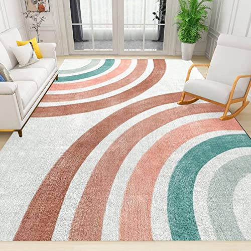Modern Mid Century Style Kids Rugs, Boho Rainbow Geometric Anti-Skid Area Rugs, Breathable Durable Carpet, Machine Washable Mat For Bedroom Living Room Decor, 5X7Ft #TOP24