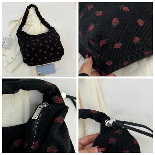 Strawberry Tote Bag for Women Corduroy Drawstring Crossbody Bag Cute Strawberry Purse Shoulder Bags Casual Bags3