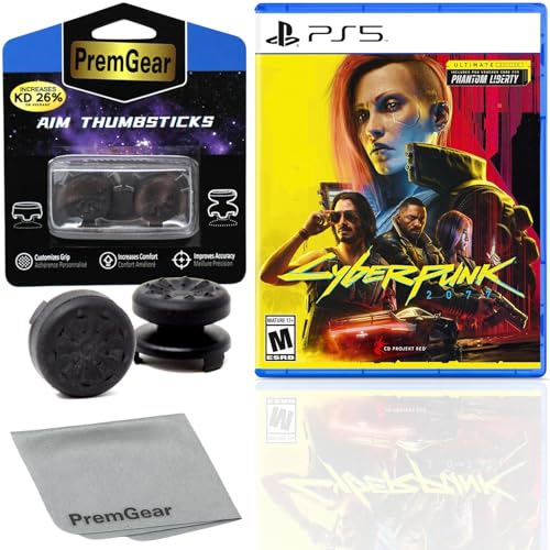 Cyberpunk 2077: Ultimate Edition for PlayStation 5 (US Version), with PremGear ThumbSticks (2 pack: 1 High-Rise, 1 Mid-Rise) & Cleaning Cloth