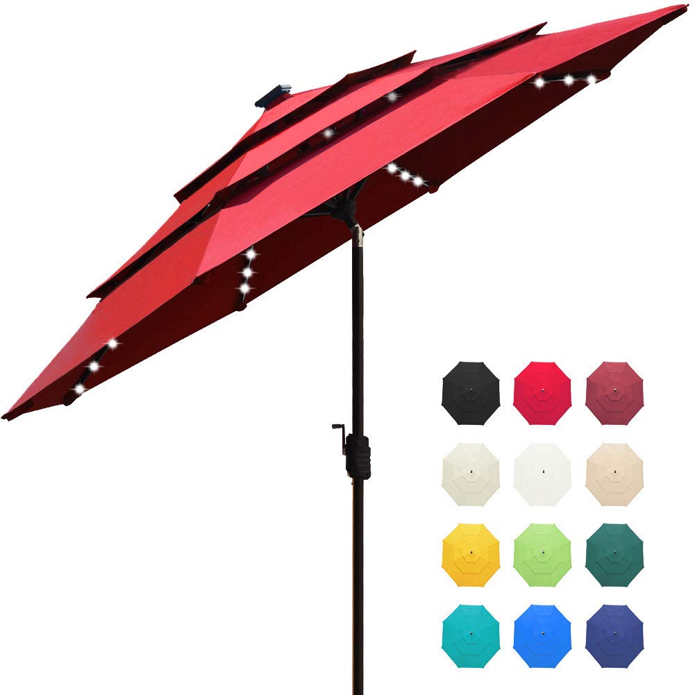 EliteShade USA 10-Year-Non-Fading Solar 9ft 3 Tiers Market Umbrella with 80 LED Lights Patio Umbrellas Outdoor Table with Ventilation,Logo Red