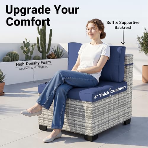 Image of 14-Piece Patio Furniture Set, Outdoor Sectional with Thick Cushions, Modular Patio Sofa, Dual-Strand Wicker Rattan, Rust-Resistant Frame, Backyard Furniture for Garden, Deck, Navy Blue
