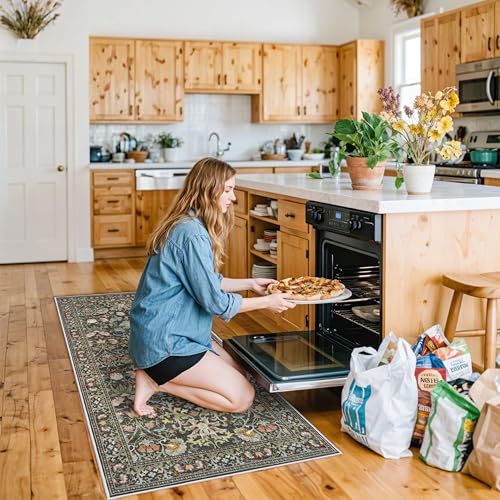 3x6 Washable Hallway Area Rugs: Vintage Floral Entryway Kitchen Runner Rug Ultra Soft Anti-Slip Beside Carpet Indoor Farmhouse Floor Mat for Bathroom Living Room Bedroom Durable Doormat(3x6,Green)