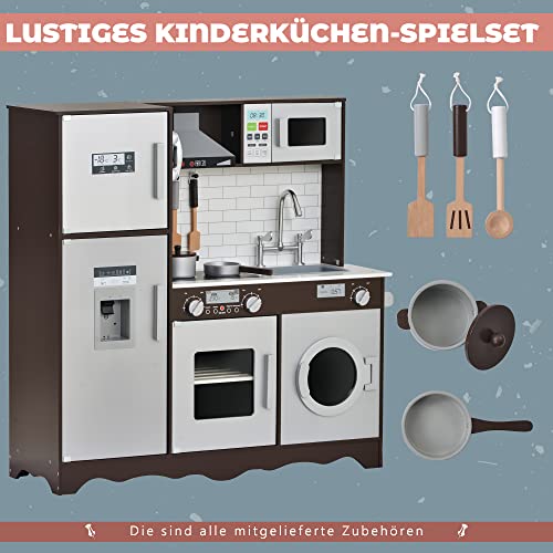Kinderküche, Spielküche aus Holz, Küchen-Spielzeugset mit vielen Funktionen und Zubehör, Töpfen, Pfannen, Küchenbesteck… – Bild 3