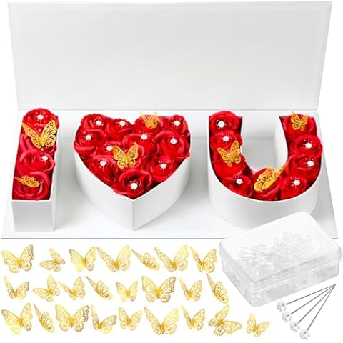 Ireer I Love You Empty Flower Gift Box Valentine's Day Letter Shaped Fillable Box with Plastic Liners 24 Gold Butterfly Decor 50 Bouquet Flower Pins DIY Craft Gift Set for Wedding Mother's Day(White) Cover