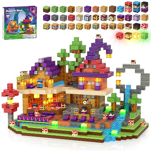 Kryzomat Magnetische Bausteine Leuchtend 200 PCS Magnetbausteine Led für 3+ Jahre Magnetbausteine mit Licht für Kinder Jungen Mädchen Magie Thema für Geburtstag