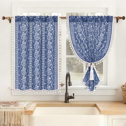 Image of Yinhua Boho Kitchen Curtains 36 Inch Length Vintage Linen Cafe Curtains Light Filtering Bohemian Floral Tier Rod Pocket Farmhouse Rustic Tassel Small Drapes with Tiebacks, 2 Panels, Blue