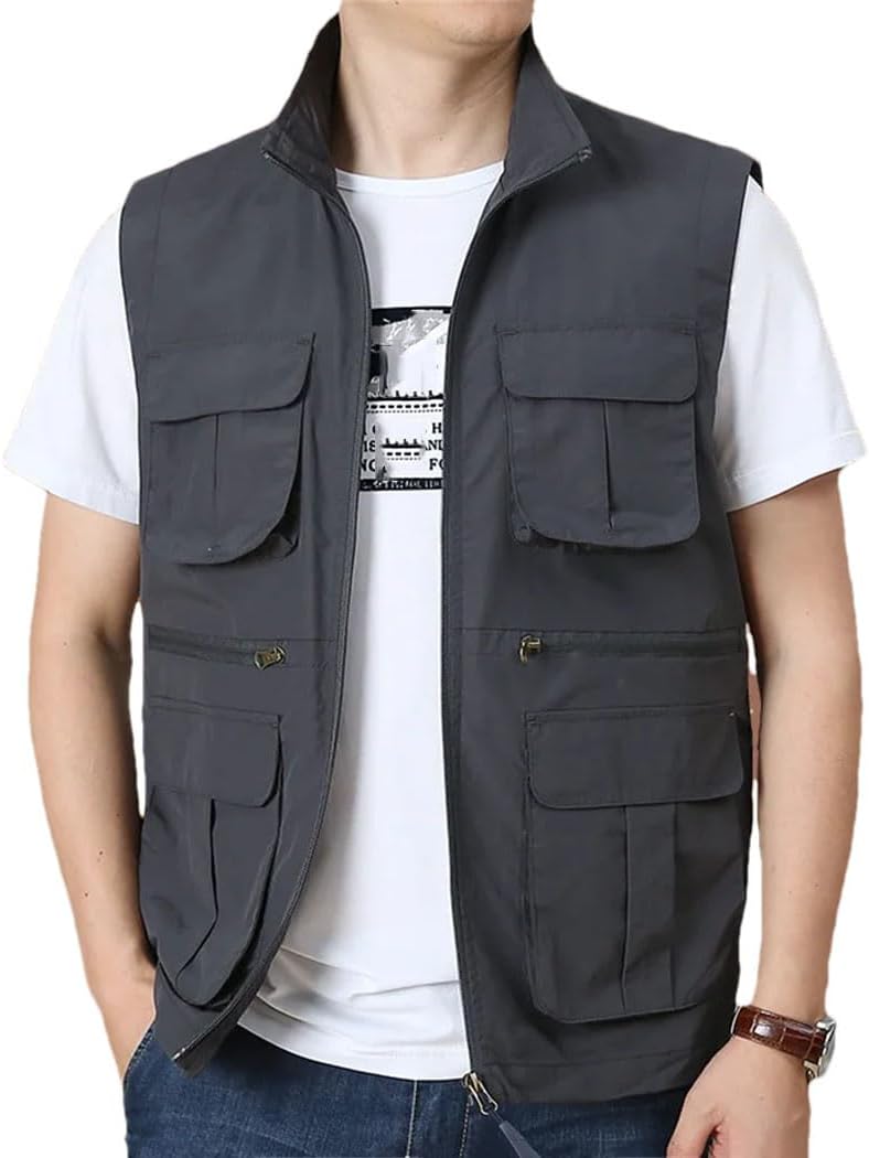 Men’s Plus Size Work Vest Sleeveless Stand Collar Zip Up Multi Pockets Fishing Photo Travel Vest Jacket