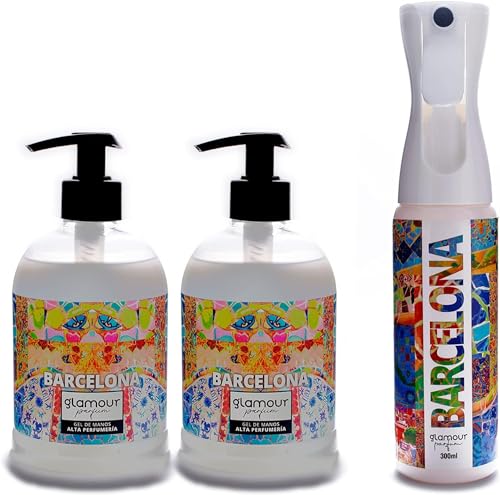 GLAMOUR PARFUM - Pack de 2 Jabón de Manos 500 ml + Ambientador Textil 300 ml - Ambientador de Hogar Barcelona - Aroma Cítrico y Jazmín - Reutilizable - Fragancia Larga Duración - Gel Hidratante