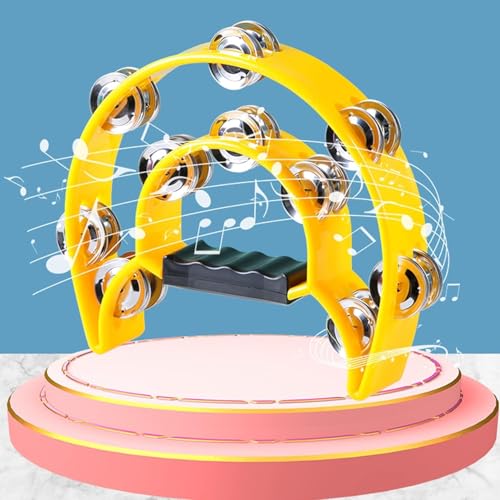 Image of PERLMAN Tambourine Half-Moon Double Row Jingles, Ergonomic Grip, Hand Percussion Dafli for Adults & Kids, Party /Stage Use (Red)
