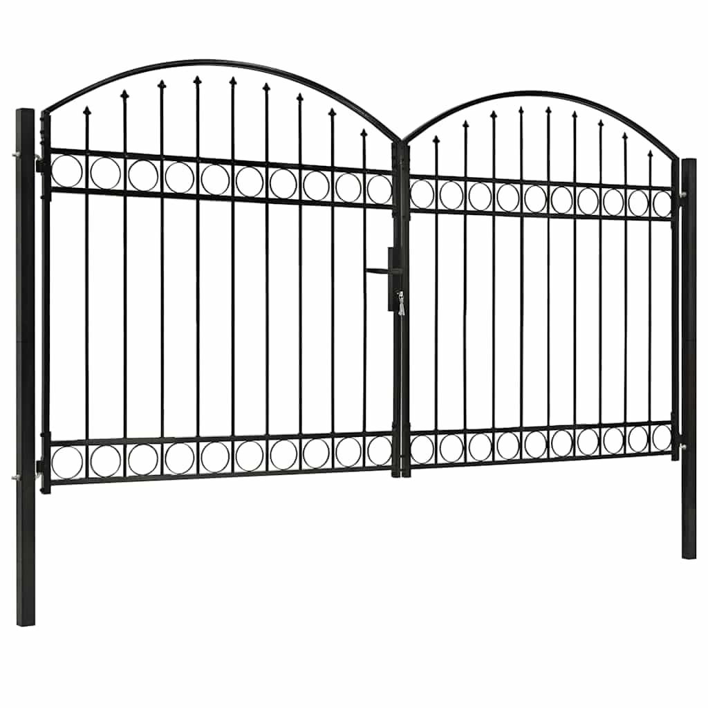 Bramka ogrodzeniowa ASSEN podwójne drzwi z łukowym wykończeniem, ze stali malowanej proszkowo, 300 x 175 cm, brama ogrodowa z zamkiem, słupkami i zawiasami, na taras, podwórze, wjazd i