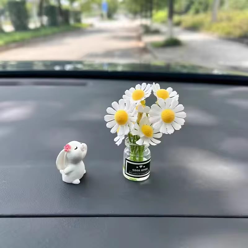 Image of 2-Piece Rabbit and Daisy Vase Car Dashboard Decor Set