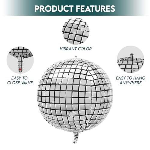 Image of Inflatable Disco Ball Balloons Pack of 14 - 22 inch Silver Mylar Foil Disco Party Balloons with Star Balloons, Ribbon & Pipe for New Year's Disco Ball Decorations Party, Bachelorette, Birthday Decor