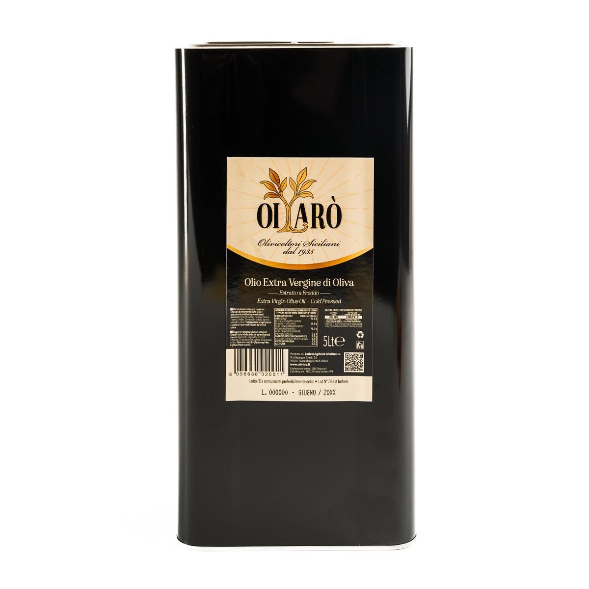 Oilarò Olio Extravergine di Oliva 5 Litri Latta – Nocellara del Belice e Biancolilla, 100% Italiano Sicilia, Spremuto a Freddo, Fruttato Medio, Uso Cucina e Condimento