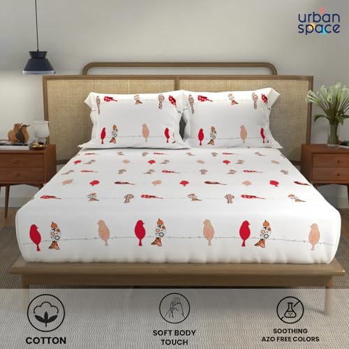 Image of Urban Space Divine Collection 144 TC 100% Cotton King Bedsheet with 2 Pillow Covers, Humming Bird Red