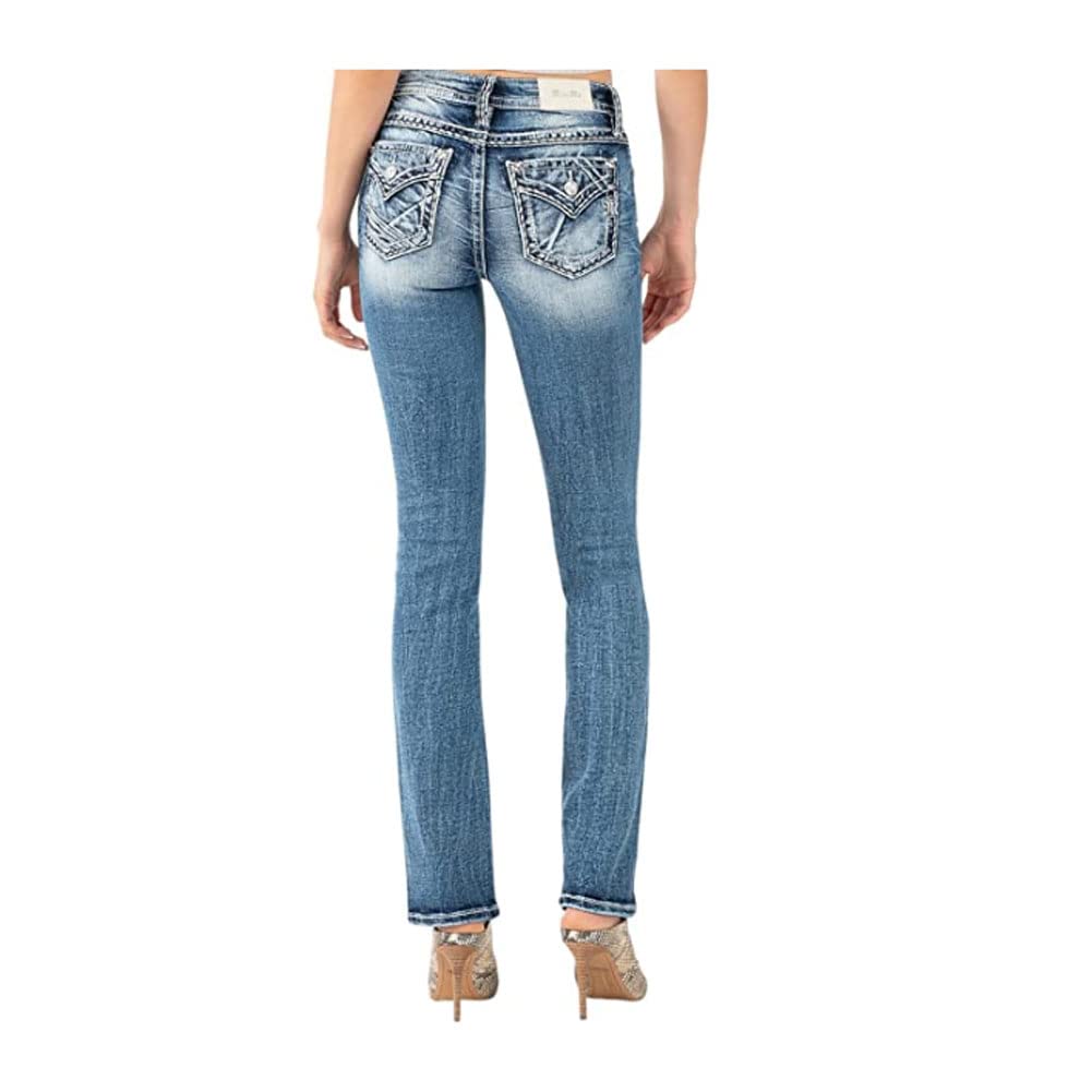 Women's Mid-Rise Broken Classic Mini M Straight Jeans with Faux Flap Pockets & Destruction Detailing