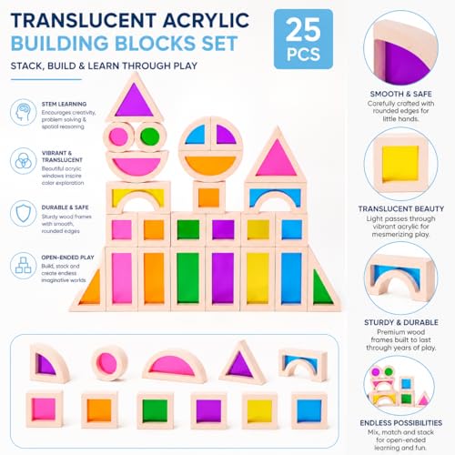 Image of Rainbow Acrylic Blocks, 25 PCS Translucent Light Table Building Set | Montessori Sensory Toys Translucent Colorful Stacking Blocks STEM Learning Educational Toys for Toddlers Preschool Boys Girls