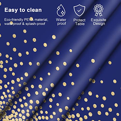 Image of 12 Pcs Navy Blue Plastic Tablecloth Gold Dot Blue Table Cloth, 54x108 inches Disposable Gold Dot Confetti Dark Blue Table Cover for Anniversary, Friendsgiving, Fine Dining, Graduation Party Decoration