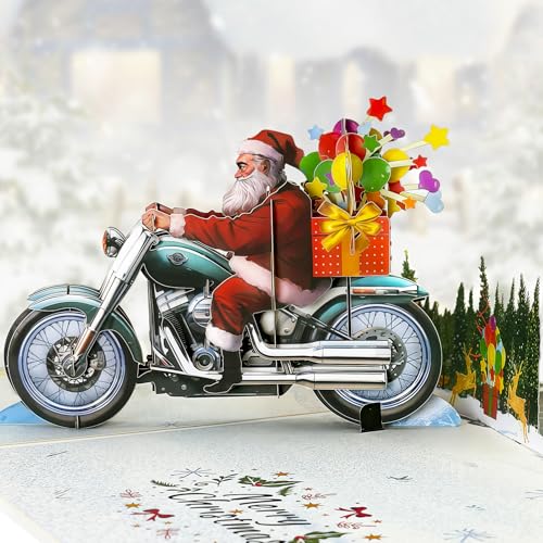 Hierein Pop Up Weihnachtskarte, 2025 Weihnachtsmann und Motorrad...