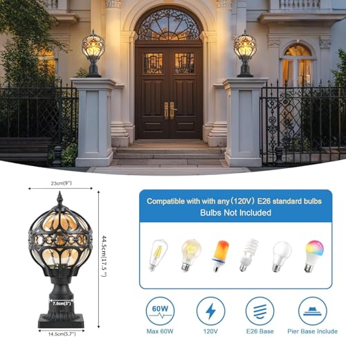 Outdoor Post Light Fixtures for Driveway Yard Lawn Patio Garden, Black Waterproof Exterior Pier Mount Post Light Outside Aluminum Post Lamp Light