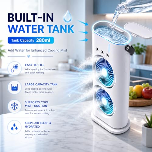 Image of MIKANIX Mini Dual Air Fan Cooler | Mist Spray with 3 Wind Speed Mode | 90 Adjustable Rotation for Room, Kitchen, Home & Office Desk with USB Cable