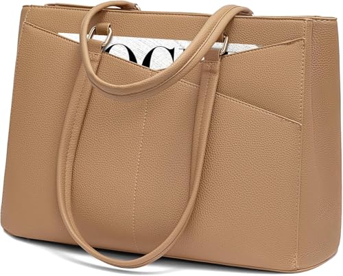 Image of LOVEVOOK Laptop Bag for Women 17.3 Inch Tote Bags Waterproof Leather Briefcase Computer Women Business Office Work Bag,Apricot