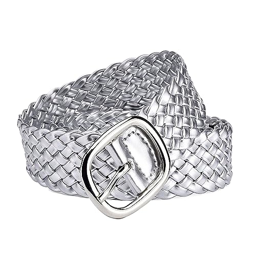 KONGNY Femmes cuir Tressé Ceintures Couleur Bonbon Taille Ceinture Alliage Broche Boucle Carrée Tissé Taille Sangle Décontracté Jean Robe Ceinture, Argent