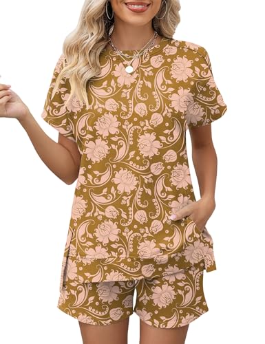 Image of LOMON Womens Fashion 2 Piece Outfits Sweatsuits 2026 Summer Short Sleeve Loungewear Tracksuit Round Neck Lounge Shorts Sets