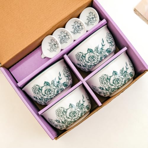 Image of Nestasia Ceramic Soup Bowl with Spoon Set of 4 (400ml Each) - Green Rose Printed Microwave & Dishwasher Safe Bowl Set for Serving Soup, Custard, & Dessert - Perfect for Gifting & Daily Use