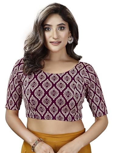 Oomph! Stretchable Readymade Blouse For Women, Purple, Round Neck-Rbbl534L