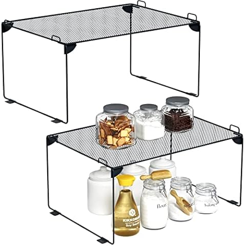 Neudeco Stackable Cabinet Shelf Organizer - 2 Pack Metal Mesh Stacking Shelves for Kitchen, Closet, Bathroom, Countertop and Cabinet -Gray Cover