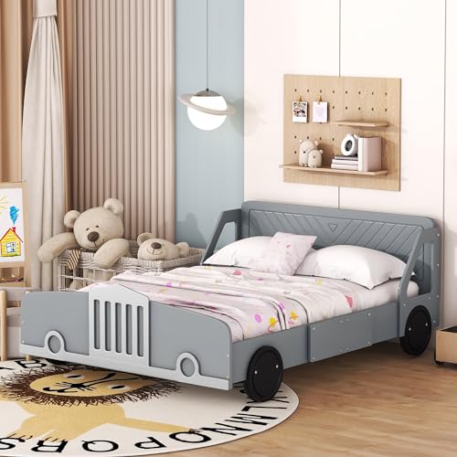 Merax Full Kids Bed Car-Shaped Wooden Platform Bed with Wheels for Kids, Teens, Boys or Girls, Gray