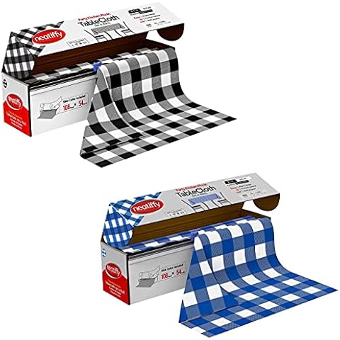 Neatiffy Disposable Plastic Table Cloth Roll | 54 in x 108 Ft Waterproof Tablecloth | Table Cover for Rectangle, Square, Oval Tables | Picnic, Party, Banquet, Birthdays, Weddings Black & Blue Check Cover