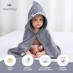 MICHLEY Bamboo Viscose Baby Hooded Bath Towel for Boys and Girls, 29.5 x 29.5 Inch Ultra-Soft and Quick-drying Infant Bathrobe (Shark) 51jr9NUOuuL. SS280