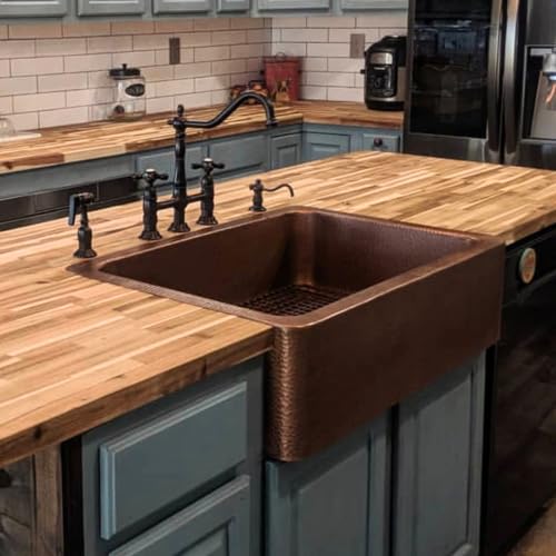 Sinkology Lange 32 Inch Copper Farmhouse Sink Individually Hand-Hammered Solid 17-Gauge Copper Apron Front Kitchen Sink Single Bowl for 36 Inch Cabinet Antique Copper Sinkology Everyday Warranty