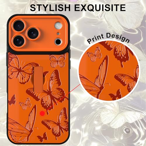 Image of for iPhone 17 Pro Case with Finger Strap Holder, Cute Cool Butterfly Print Pattern Design for Women Men, Shockproof Anti Scratch Hand Kickstand Protective Cover, Orange