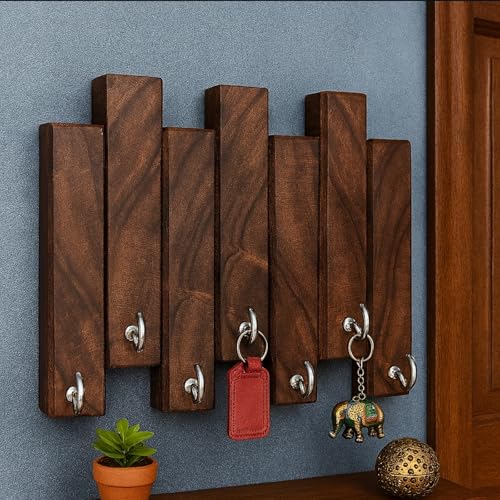 Image of 'Strips' Wooden Key Holder for Home Stylish Decor(7hooks) Real Wood. Key Hangers for wall Key Holder Stand Key Stand for wall Keychain Holder for wall