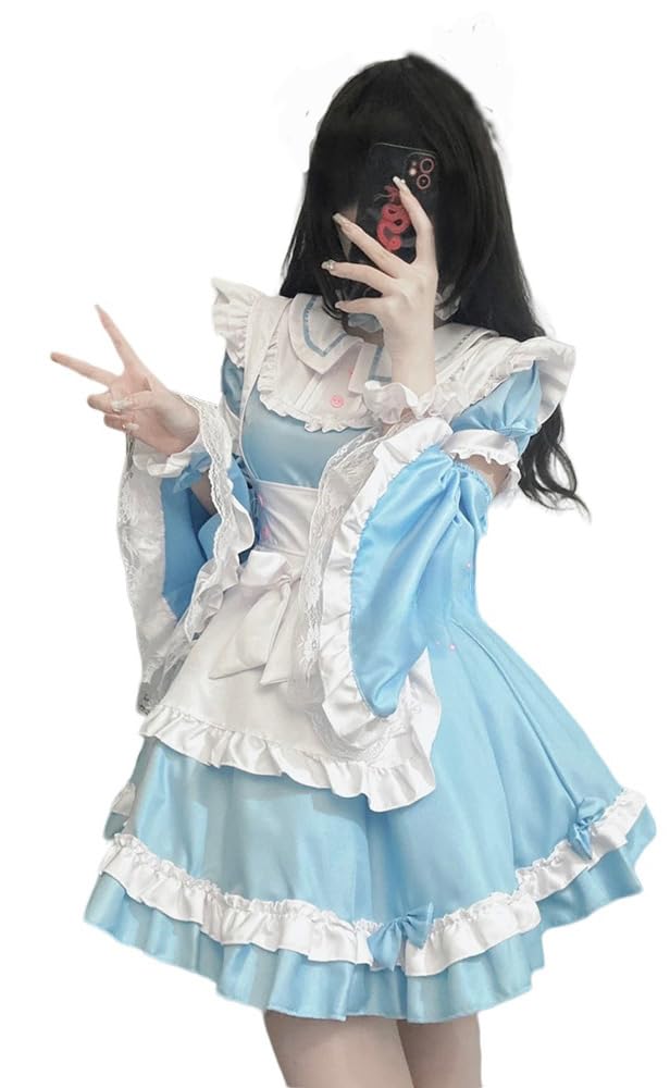 TO KU TOO YUO4PCS Maid Outfit Lolita Maid Dress Blue White Dress Set Anime Cosplay Costume Set Fancy Dress Costume for Women