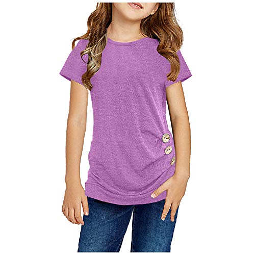 Girls Casual Solid Color Tops,Kids Girls Casual Tunic Tops Knot Front Button Short Sleeve Blouse T-Shirt Tee(Purple,12-13 Years)