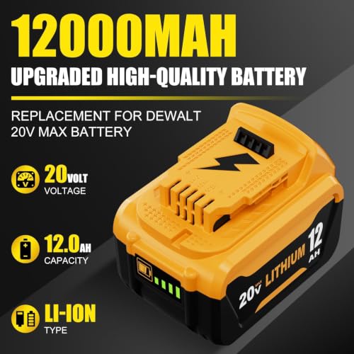 Image of 2 Packs 12000mAh High Capacity DCB206 Replacement for Dewalt 20V Max Battery Compatible with Dewalt 20V Battery DCB200 DCB201 DCB203 DCB207 DCD /DCF /DCG Series Power Tools