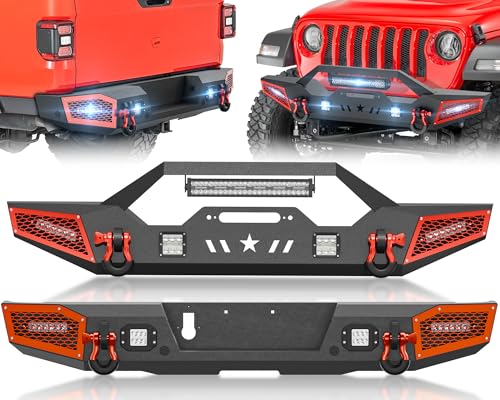 YZONA Off-Road Front and Rear Step Bumper Compatible with 2020-2024 Jeep Gladiator JT (2/4 Doors) Rock Crawler Pickup Bumper w/Paintable Armor, Winch Plate, Sensor Holes, LED Lights & D-rings, Black