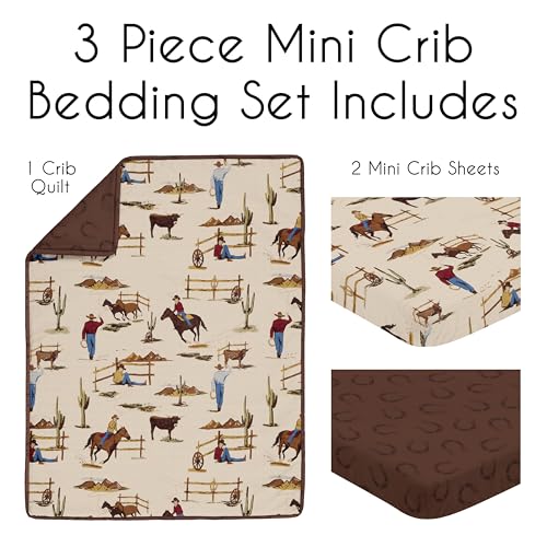 Image of Sweet Jojo Designs Brown Western Cowboy Boy Baby Mini Crib Bedding Set Infant Nursery Room Newborn Blanket Portable Pack n Play Sheets 3p Wild West Horseshoe Southern Charm Country Horse Cow Animal