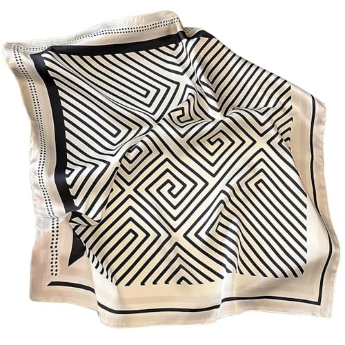 JERLA 100% Pure Mulberry Silk Square Scarf for Hair-26''x26'' Women Men Natural Silk Neckerchief Headscarf (Black and cream white geometry stripe)2