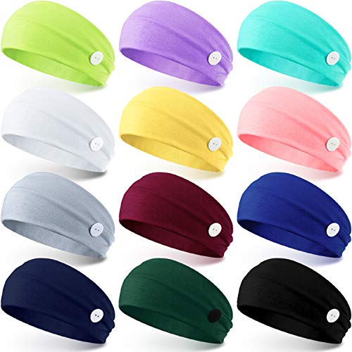 12 Pieces Button Headband Yoga Headband Headwrap Non Slip Ear Protection Holder with Buttons Multifunctional Hair Band Hoop Turban Accessory for Sports Yoga (Mixed Colors)