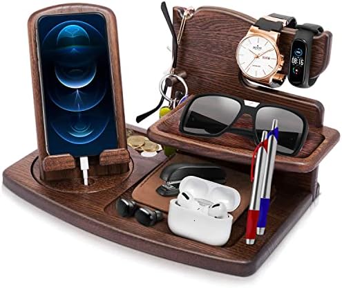 Gifts for Dad Fathers Day Rotating Wood Docking Station Gifts for Men Bedside Organiser for Mens Birthday Gifts for Men Watch Wallet Stand Grandad Dad Gifts Boyfriend Anniversary Presents for Women