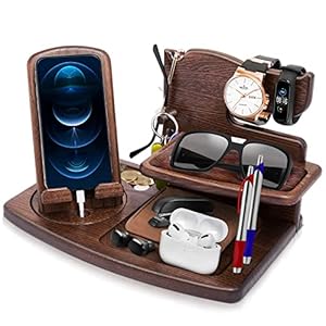 Rotating Wood Docking Station Gifts for Men Bedside Organiser for Him Mens Birthday Gifts for Him Watch Wallet Stand for…