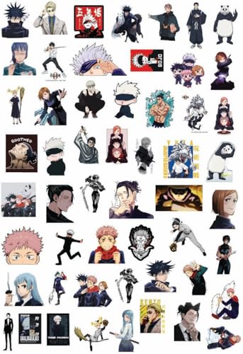 Image of 55+pcs Jujutsu Anime Aesthetic Vinyl Self-Adhesive Stickers for Laptop, Journal, Bike Helmet, Diary, Guitar, Mobile Case -Waterproof Residue Free Manga Sticker