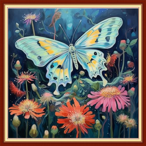 Image of Joyhoor Cross Stitch Kits for Beginners Stamped Cross-Stitch Supplies Needlework preprint Embroidery Kits for Adults DIY Needlepoint Kits Embroidery Patterns 11CT-Butterfly Flowers 18.x18 inch